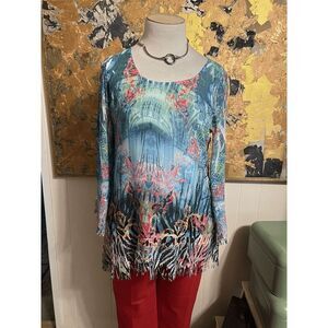 Art To Wear Mushka Sienna Rose Medium Tunic Fringed Cut Outs Hem Bell Sleeves